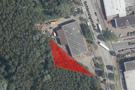 Luftbild vom Wilden Wald, rechts die Schlenzigstraße, in rot markiert das Gebiet das gerodet werden soll