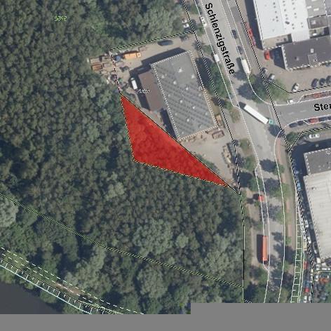 Luftbild vom Wilden Wald, rechts die Schlenzigstraße, in rot markiert das Gebiet das gerodet werden soll