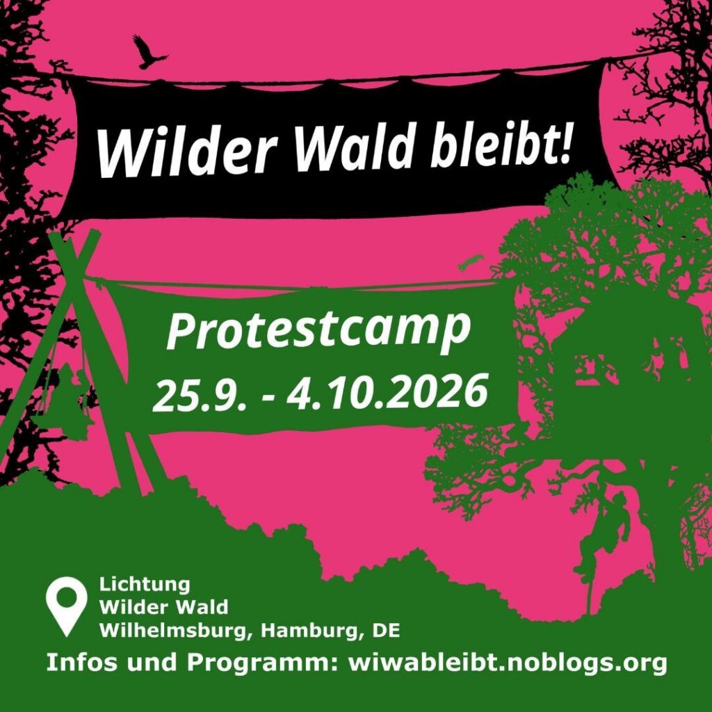 Wilder Wald Bleibt! Protestcamp: 25.9. bis 4.10.2026 auf der Lichtung im Wilden Wald in Wilhelmsburg in Hamburg.