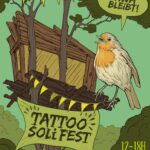 European robin in front of tree house, the robin says "WiWa Bleibt!" on the tree is a banner saying "Tattoo Soli Fest".