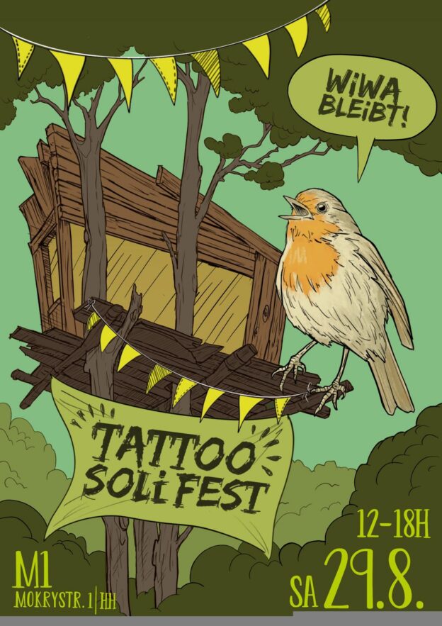 European robin in front of tree house, the robin says "WiWa Bleibt!" on the tree is a banner saying "Tattoo Soli Fest".